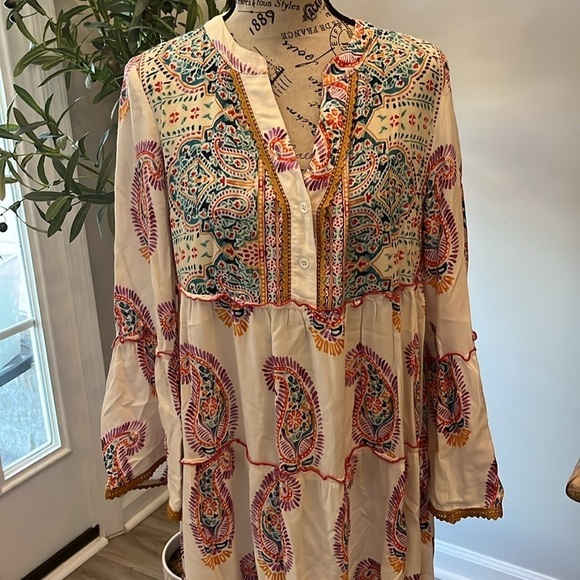 Naudic Paisley Boho Dress Romantic Embroidered Trim Bell Sleeves Size Medium - Picture 3 of 12
